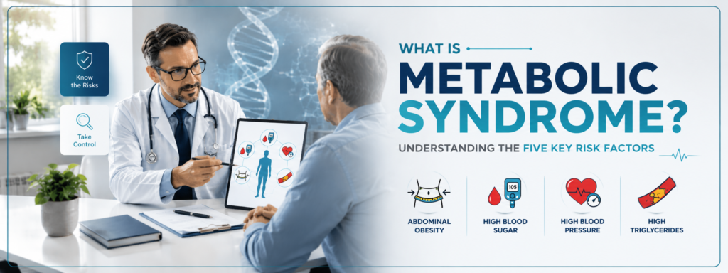 Doctor explains metabolic syndrome risk factors: abdominal obesity, high blood sugar, blood pressure, and triglycerides.