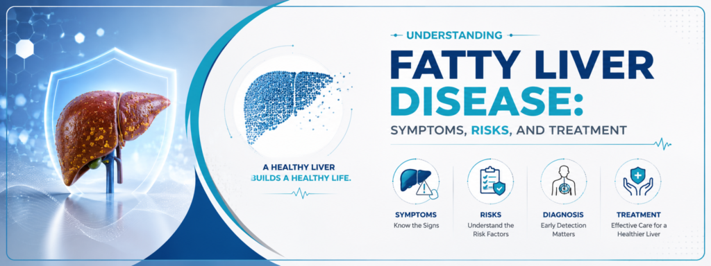 Fatty liver disease infographic: symptoms, risks, diagnosis, treatment.