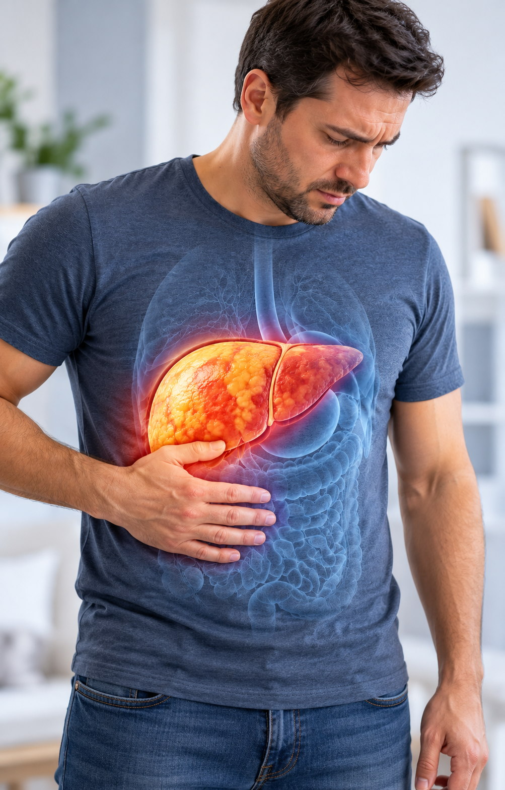 Man holding abdomen showing painful, inflamed liver